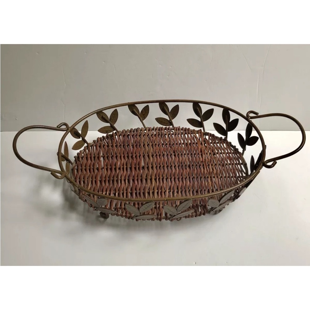 Oval Metal Leaf Basket with Wicker Base Home Decor 13.5"x9.5" Brown Sturdy Handl